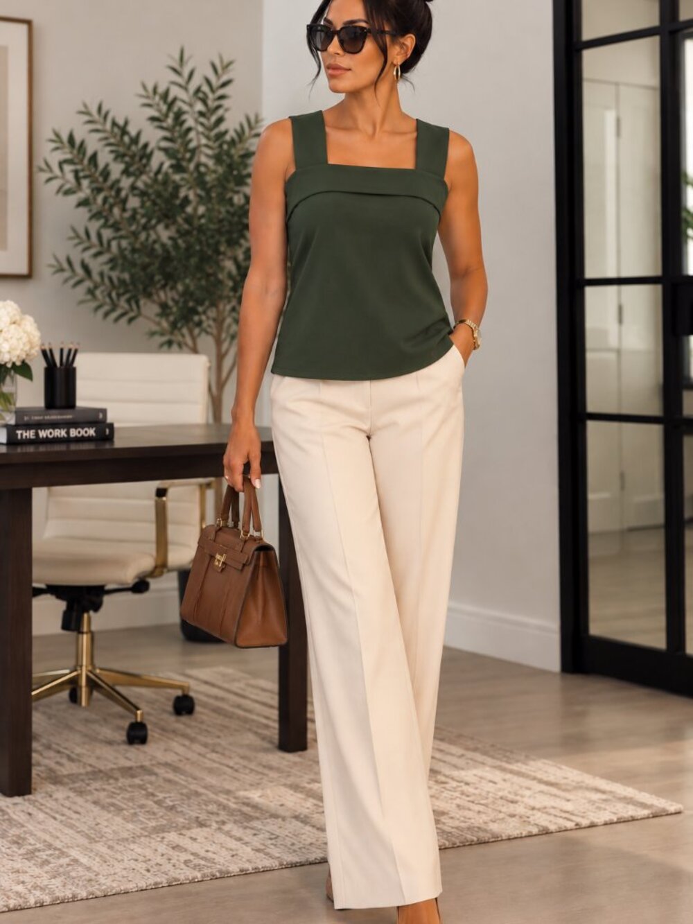 Ann Taylor Olive Green Wide Strap Square Neck Dressy Top Medium